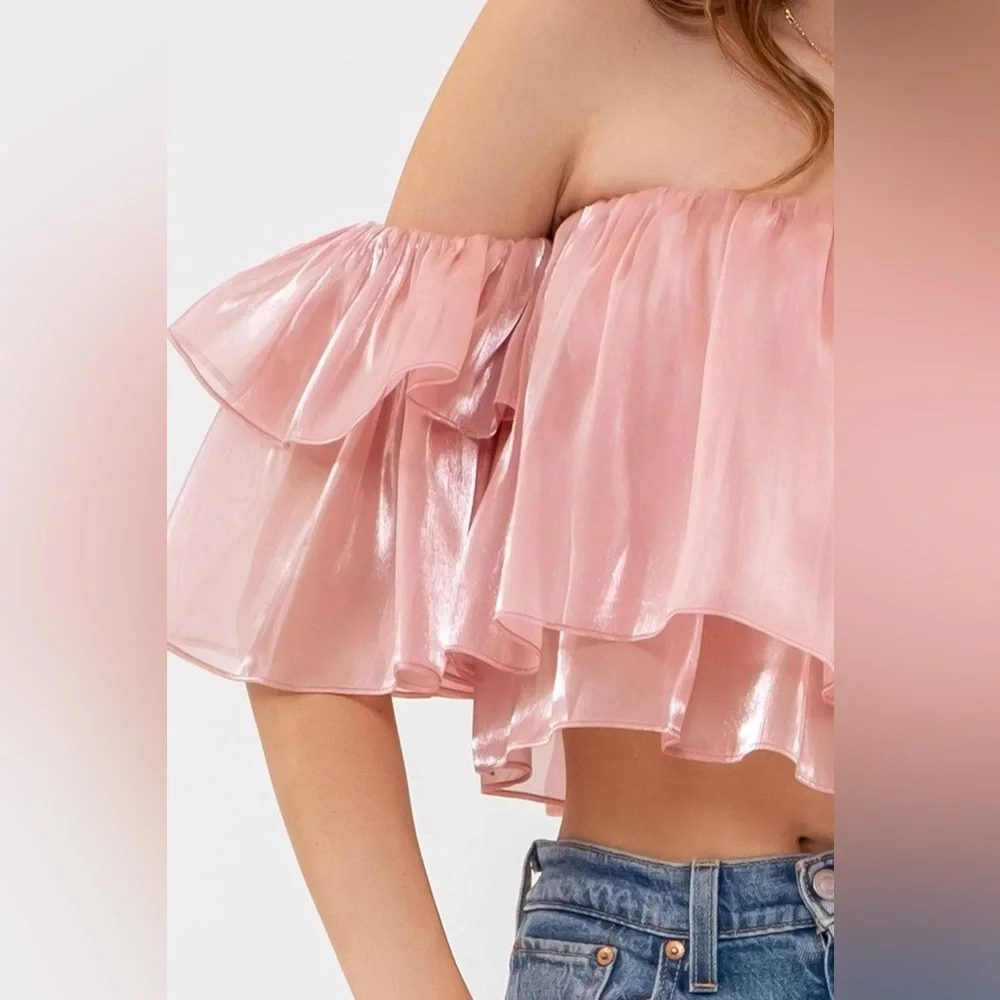 Enchanted Ruffle Tulle Off the Shoulder Crop Top Princess Flounce Elegant Pink - Picture 2 of 8